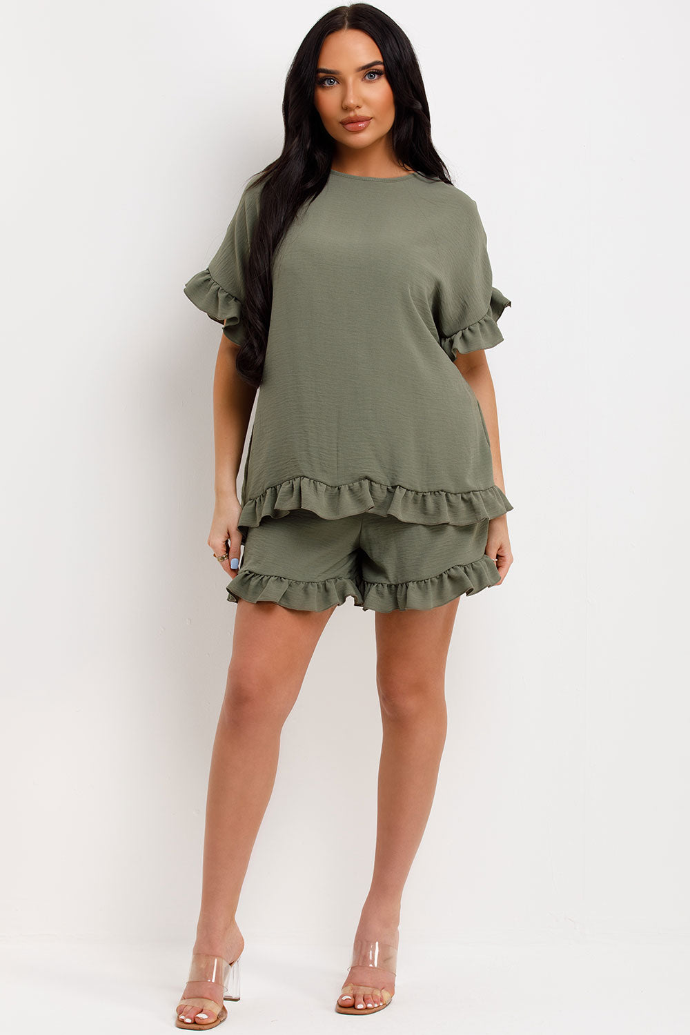 khaki ruffle frilly shorts and blouse two piece set