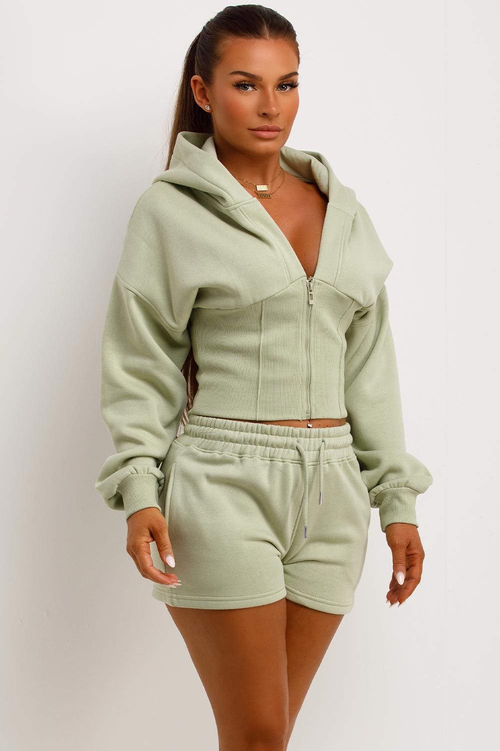 crop corset hoodie and shorts co ord set airport summer holiday outfit set