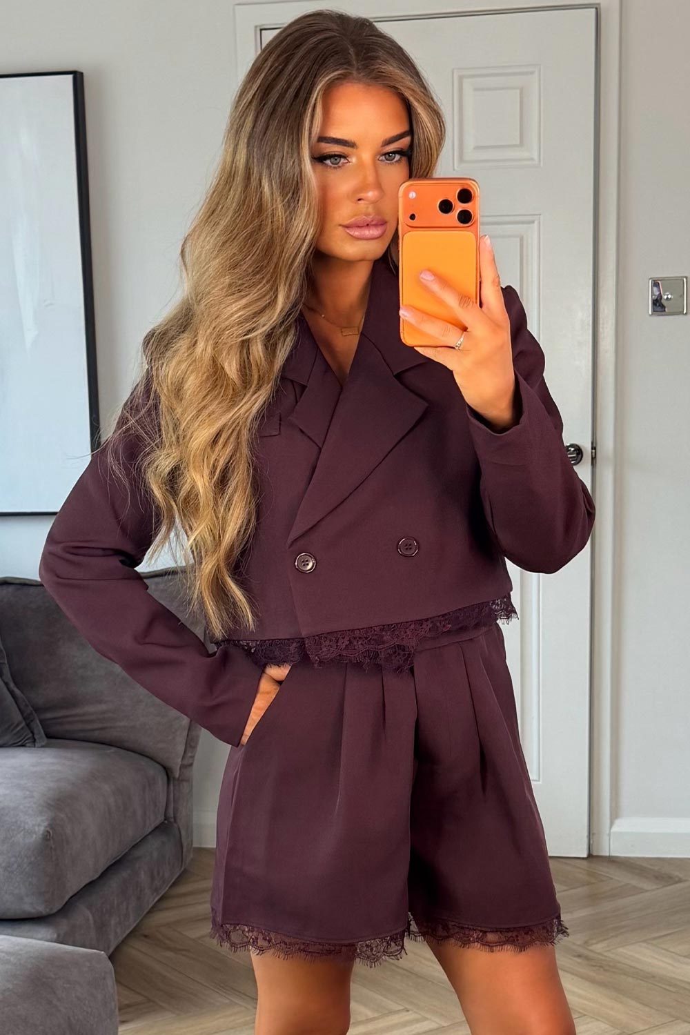 burgundy double breasted blazer and shorts two piece matching outfit set styledup uk