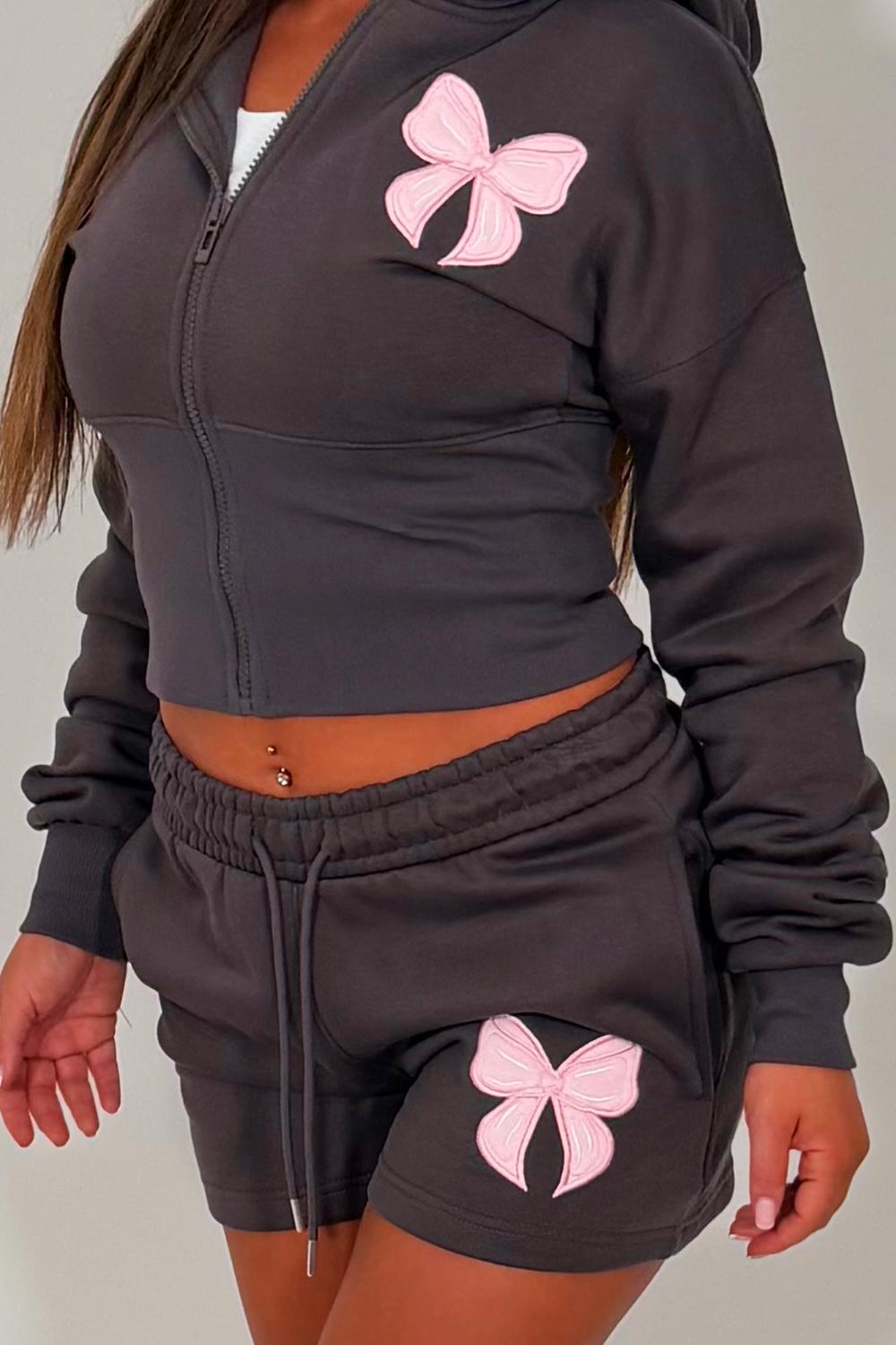 womens bow detail crop corset hoodie and shorts co ord set airport summer holiday outfit set uk