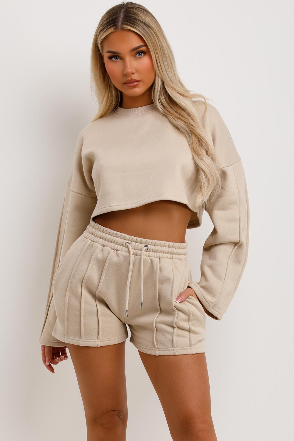 womens crop sweatshirt and shorts two piece tracksuit set