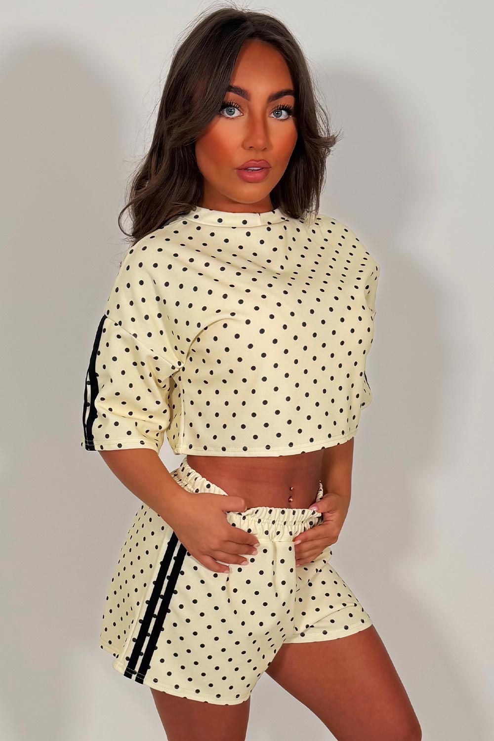 polka dot crop top and shorts co ord set summer festival airport outfit styledup white fox uk
