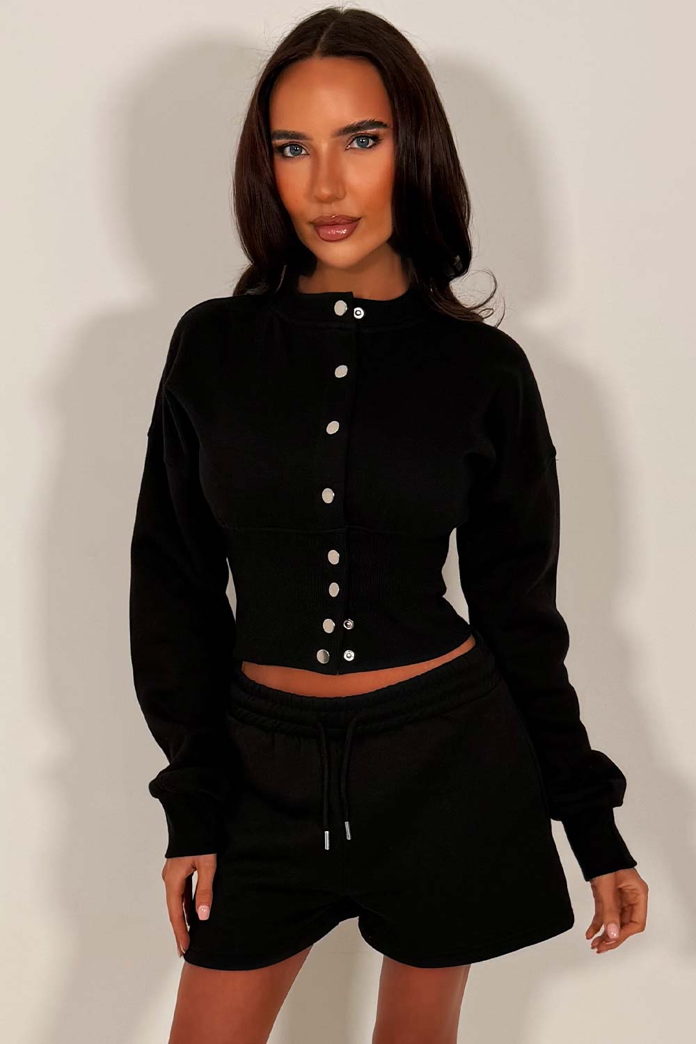 womens crop corset button up sweatshirt and shorts tracksuit set styledup whitefox uk