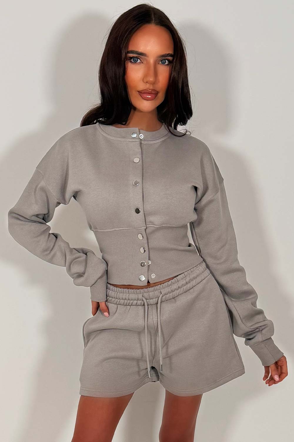 womens crop corset button up sweatshirt and shorts tracksuit set styledup whitefox uk
