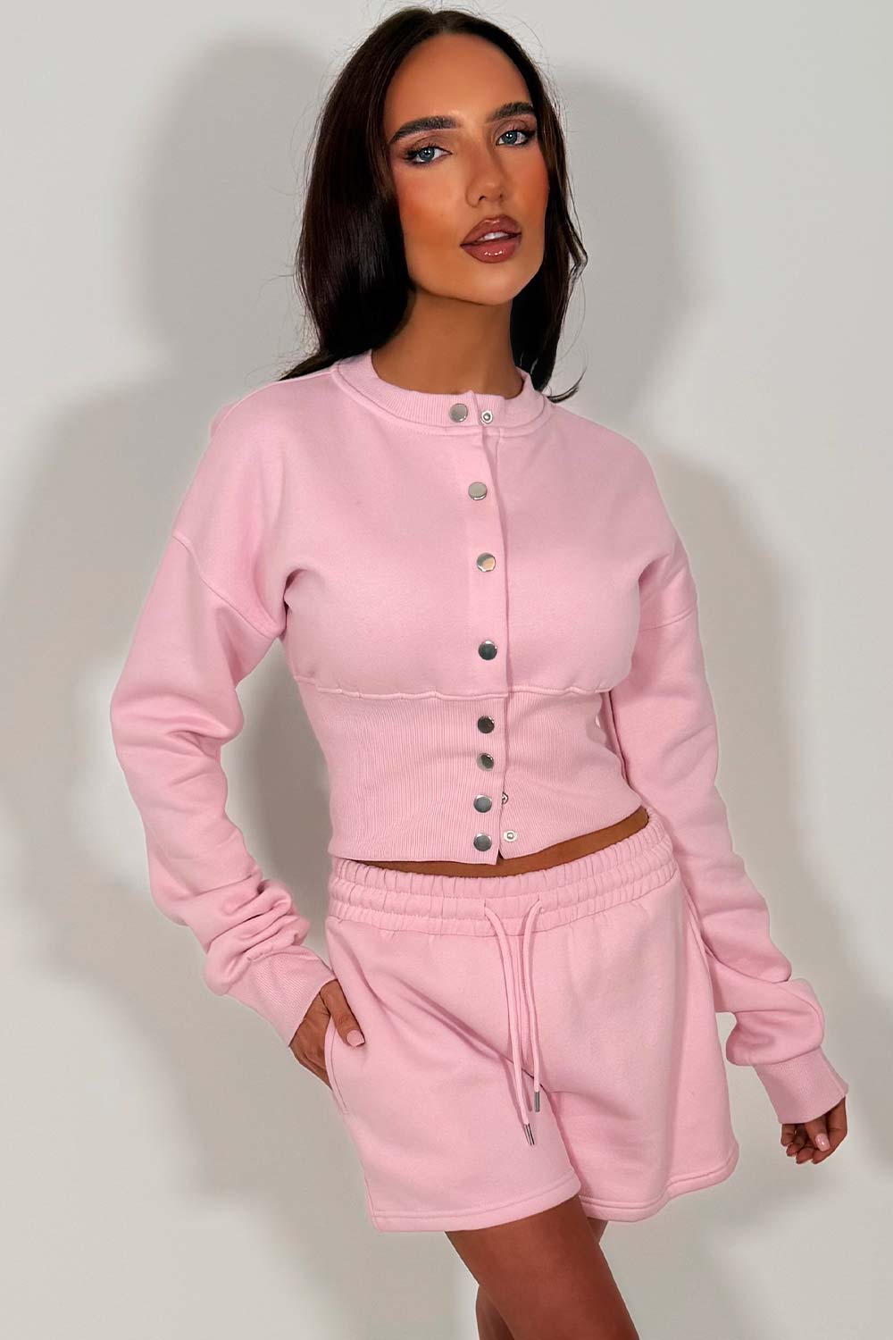 womens crop corset button up sweatshirt and shorts tracksuit set styledup whitefox uk