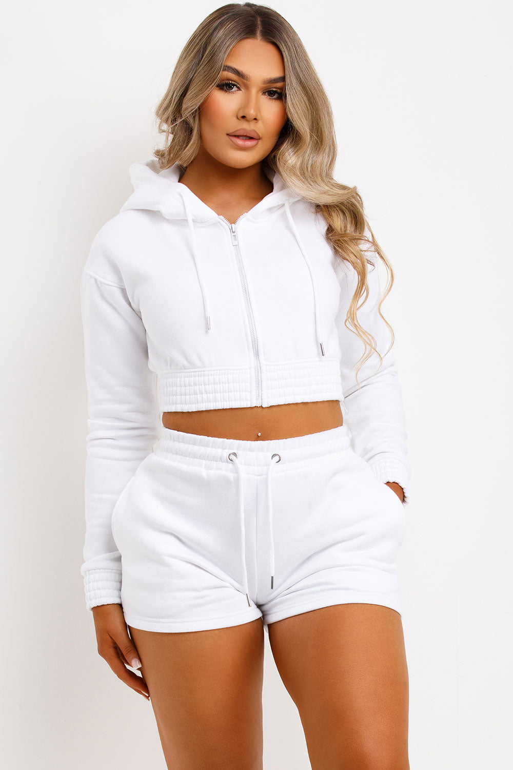 womens crop zip hoodie and shorts tracksuit co ord set