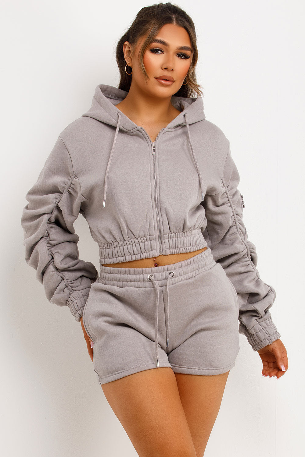 crop zip hoodie with ruched sleeves and shorts tracksuit womens summer lounge set