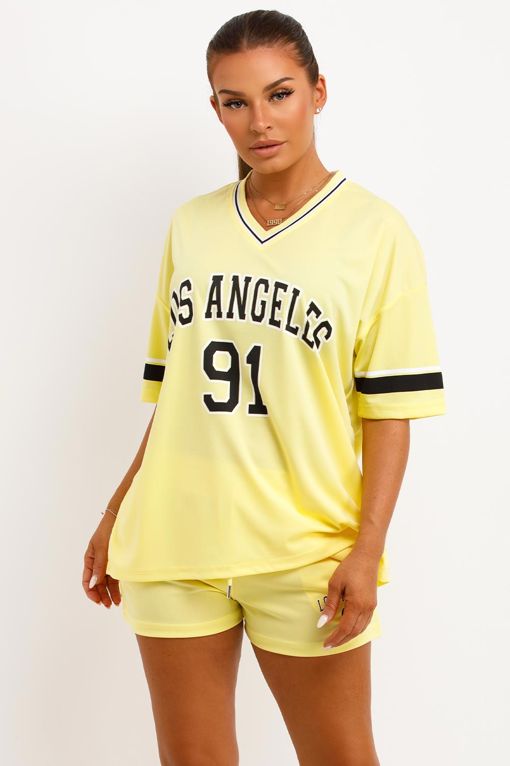 womens los angeles oversized jersey american football t shirt and matching shorts co ord set