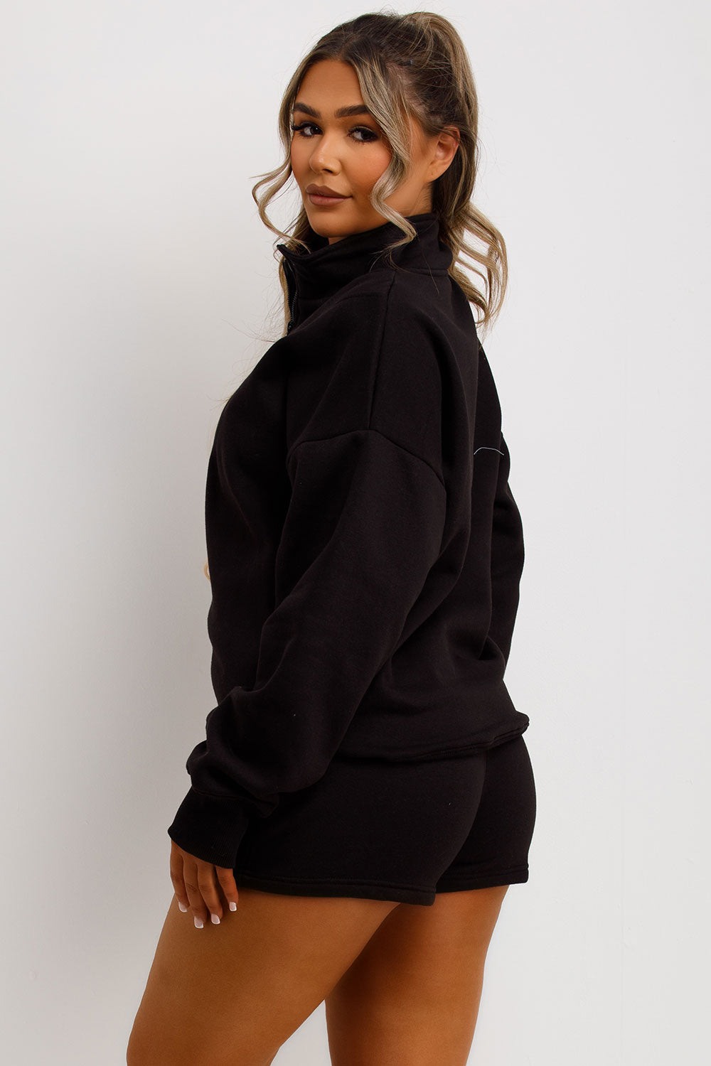 womens half zip sweatshirt and shorts tracksuit set