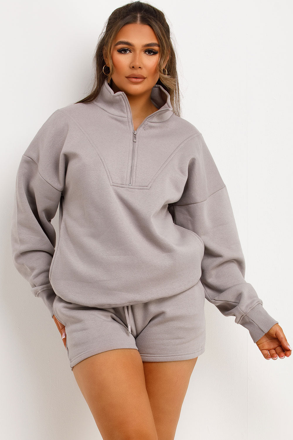 half zip sweatshirt and shorts two piece tracksuit airport outfit womens uk