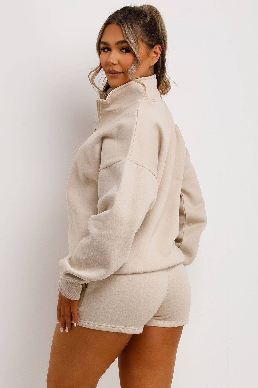 womens oatmeal half zip sweatshirt and shorts tracksuit set