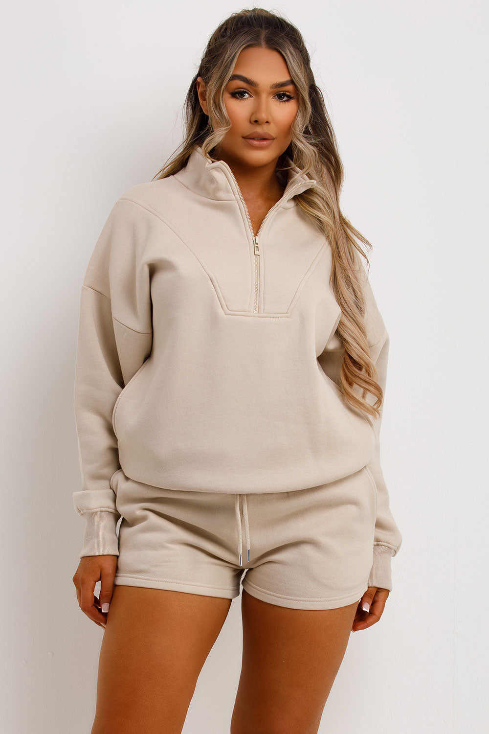 half zip sweatshirt and shorts two piece tracksuit airport outfit womens uk