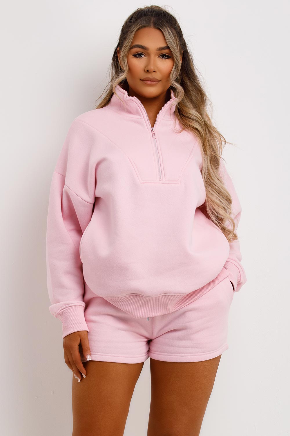 womens shorts and half zip sweatshirt tracksuit set