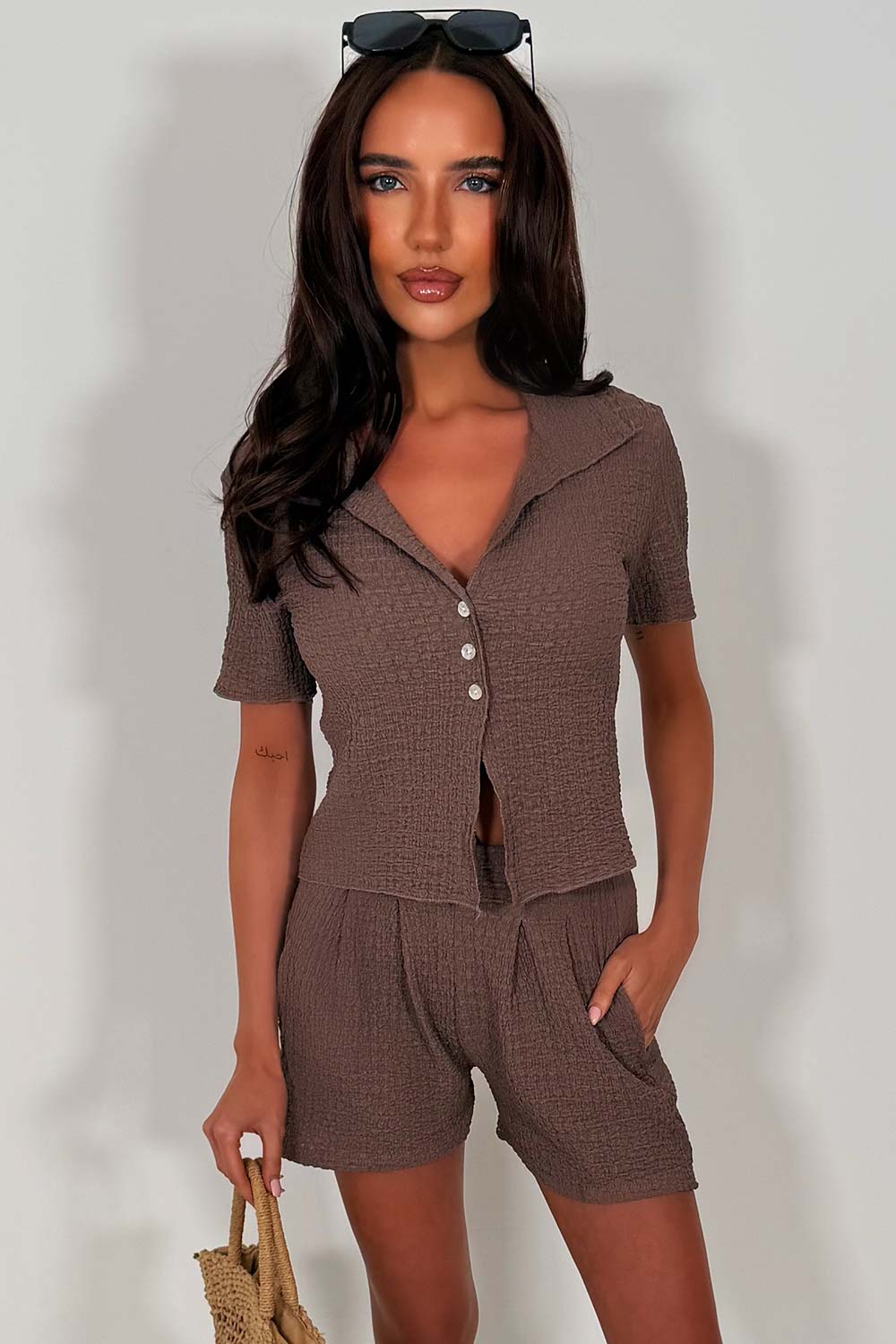 womens textured top and shorts two piece co ord set summer holiday outfit styledup