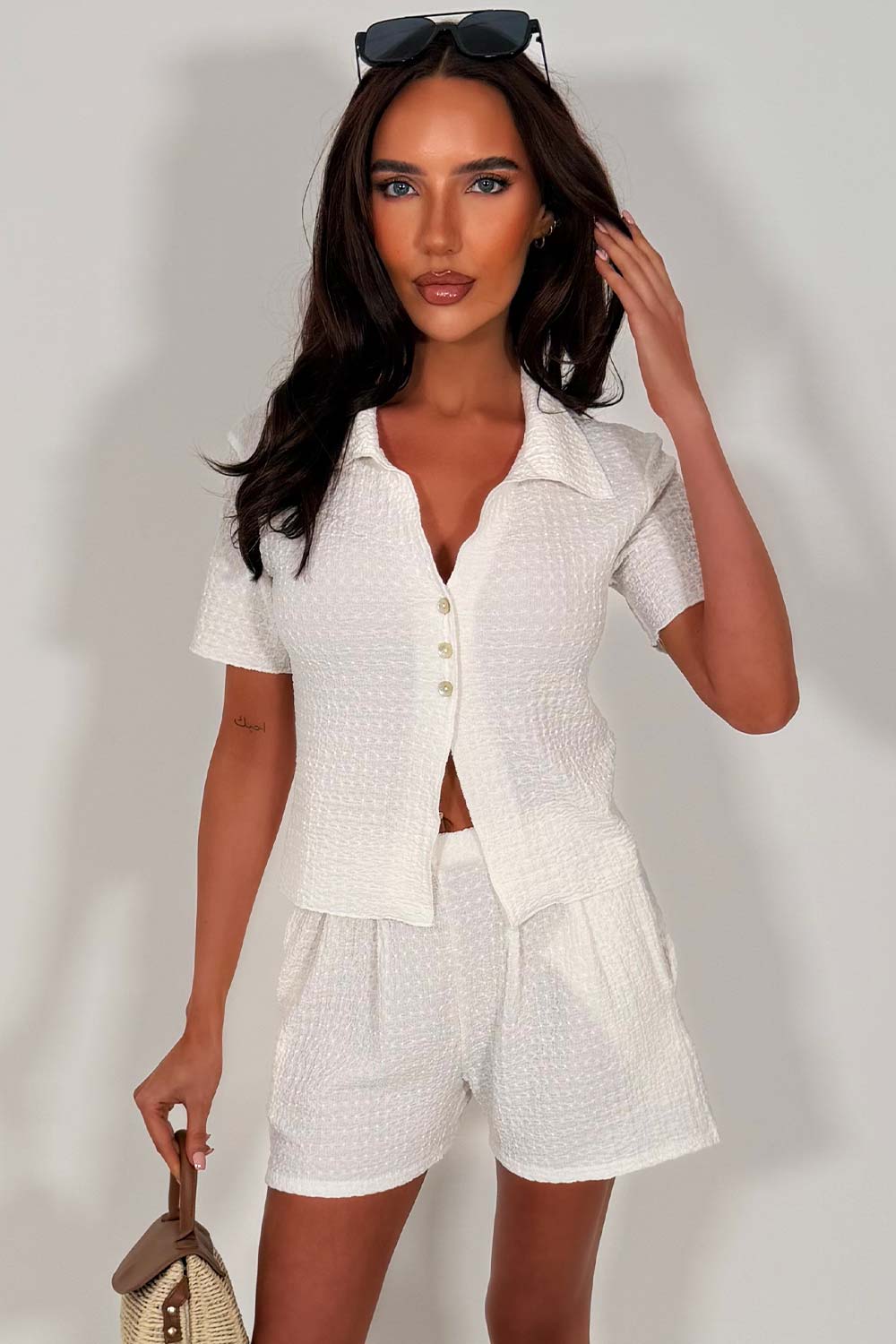 zara womens textured top and shorts two piece holiday outfit white styledup uk
