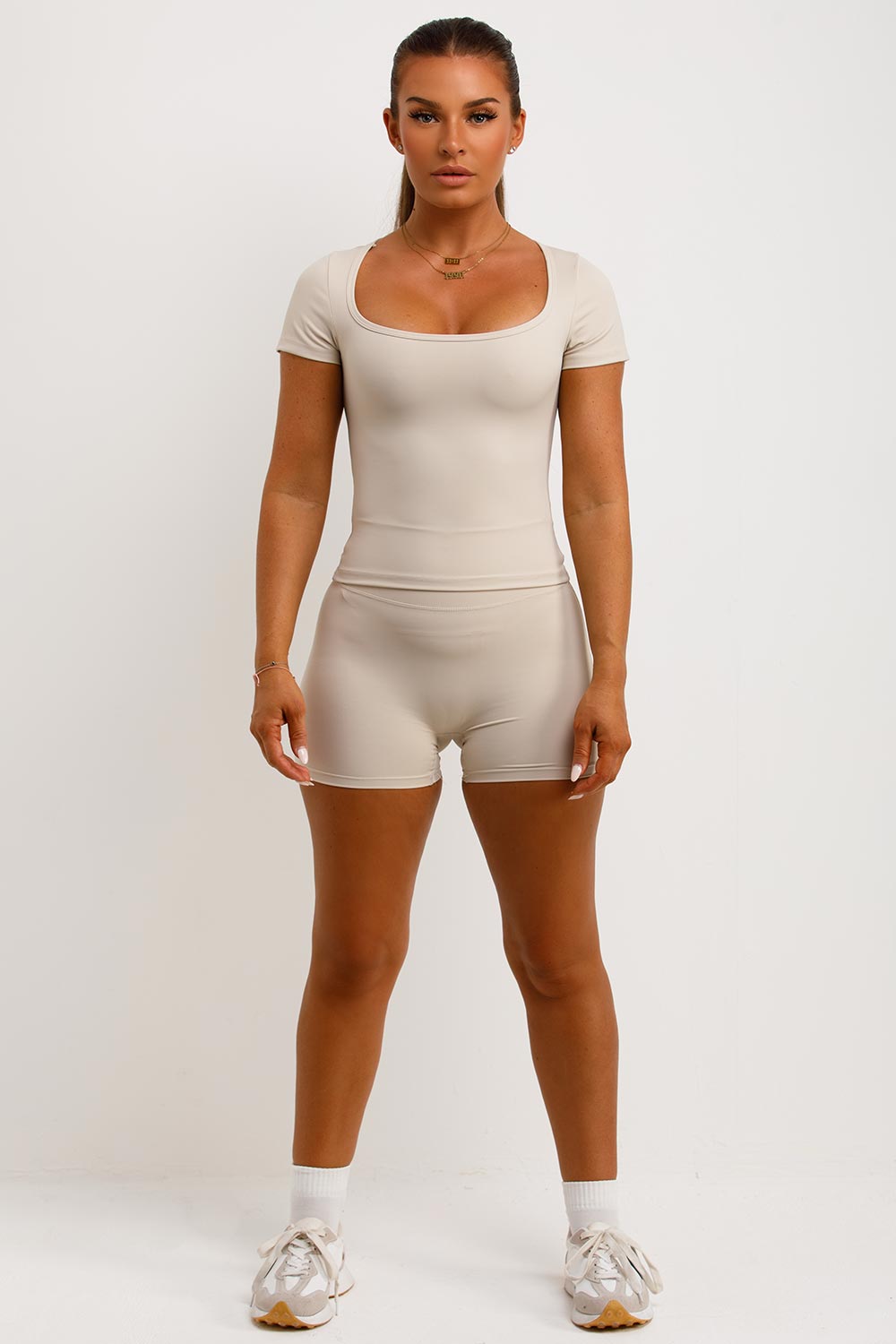 lululemon ruched scrunch bum gym shorts and square neck top two piece co ord set styledup