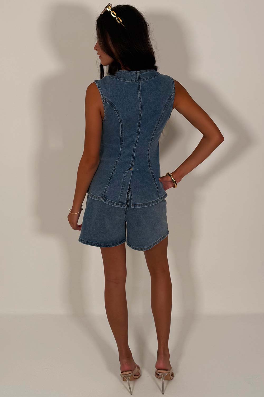 womens denim blue shorts and waistcoat co ord summer holiday races ladies day outfit styledup uk