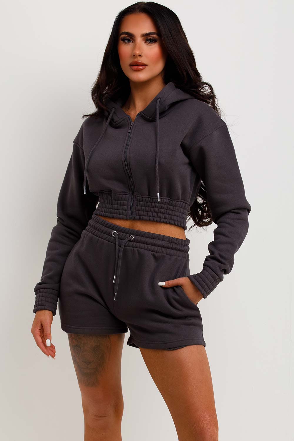 womens crop zip hoodie and shorts tracksuit co ord set summer loungewear