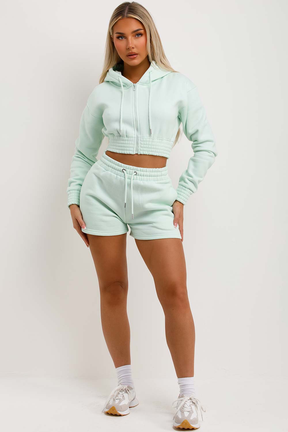 womens crop zip hoodie and shorts tracksuit set