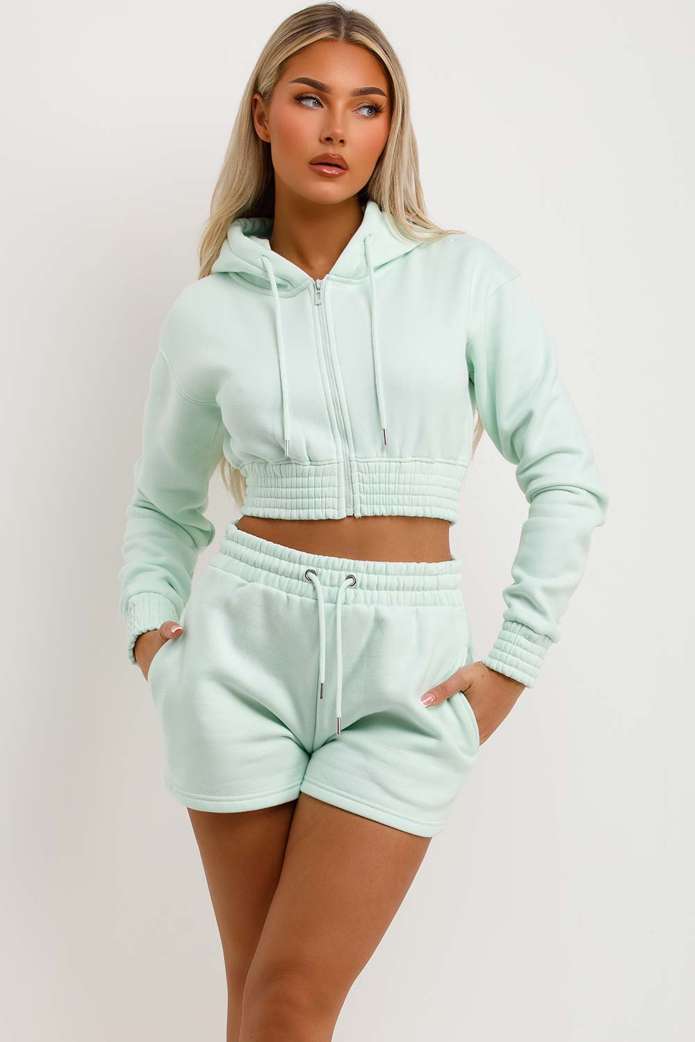 womens crop zip hoodie and shorts tracksuit co ord set