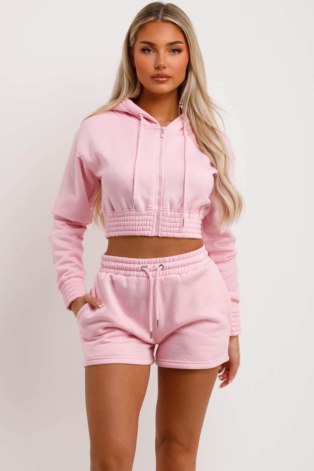 womens crop zip hoodie and shorts tracksuit set