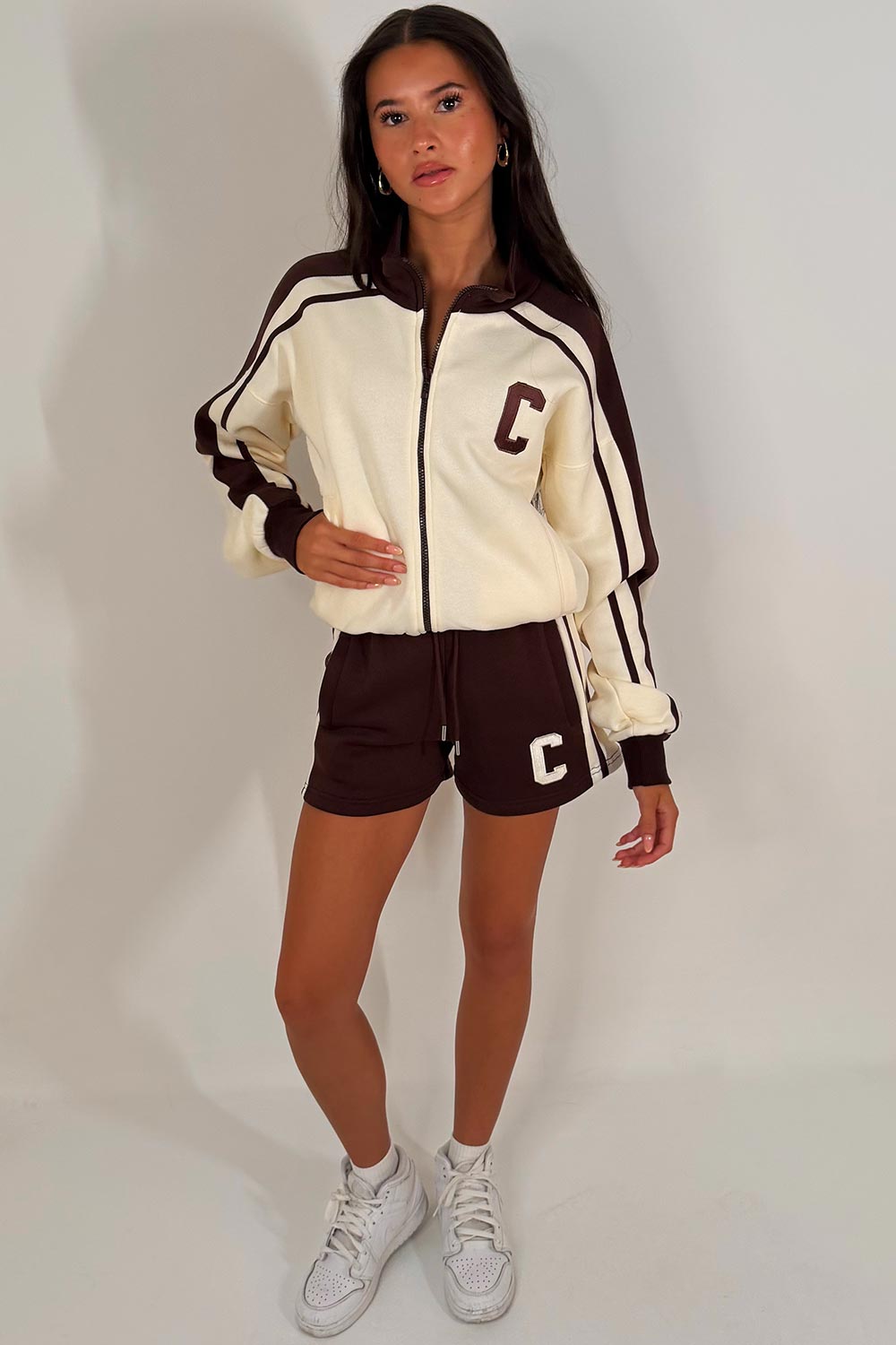 womens brown and cream short tracksuit summer lounge set trendy airport outfit styledup uk