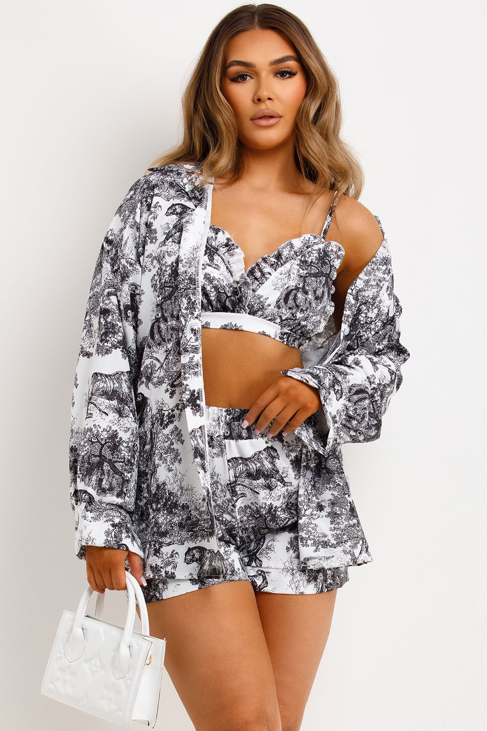 Toile de Jouy print shirt shorts and bikini three piece holiday outfit set womens uk