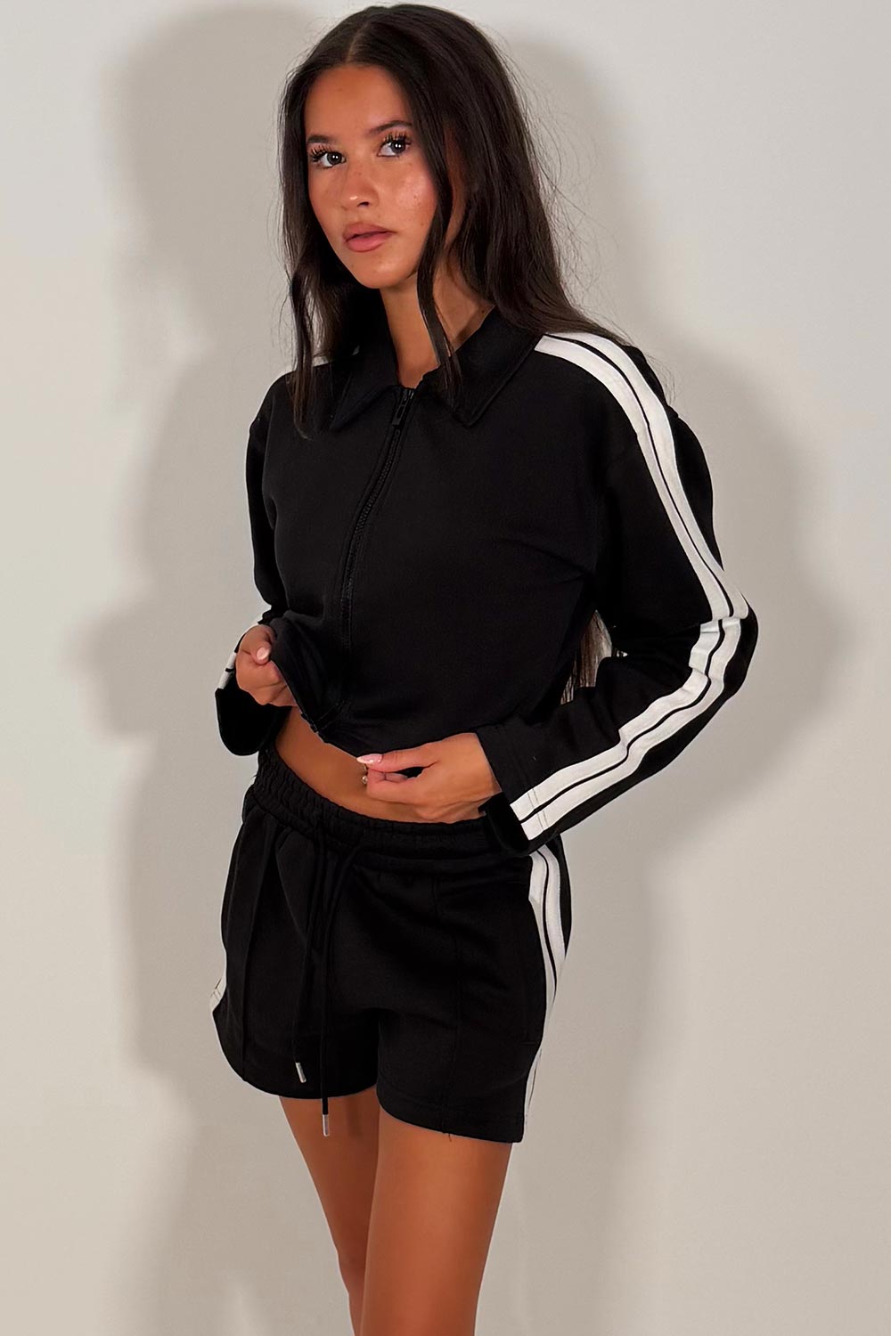 short tracksuit set womens crop zip up sweatshirt and shorts two piece co ord with contrast side stripes airport outfit styledup uk