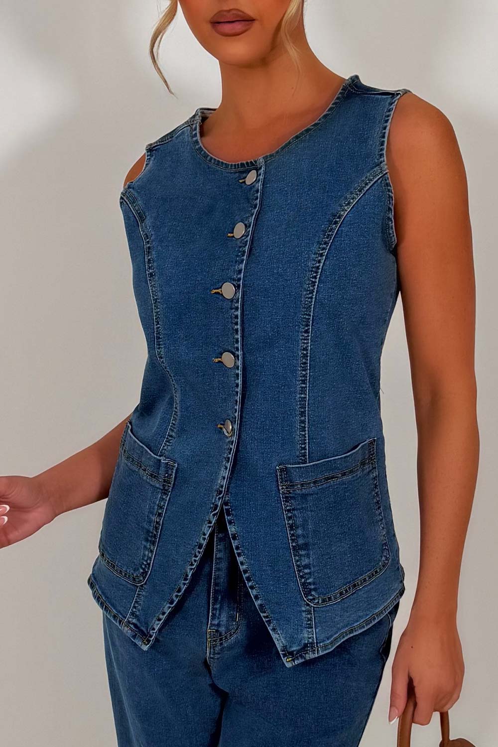 denim waistcoat and jeans two piece matching co ord set blue styledup uk