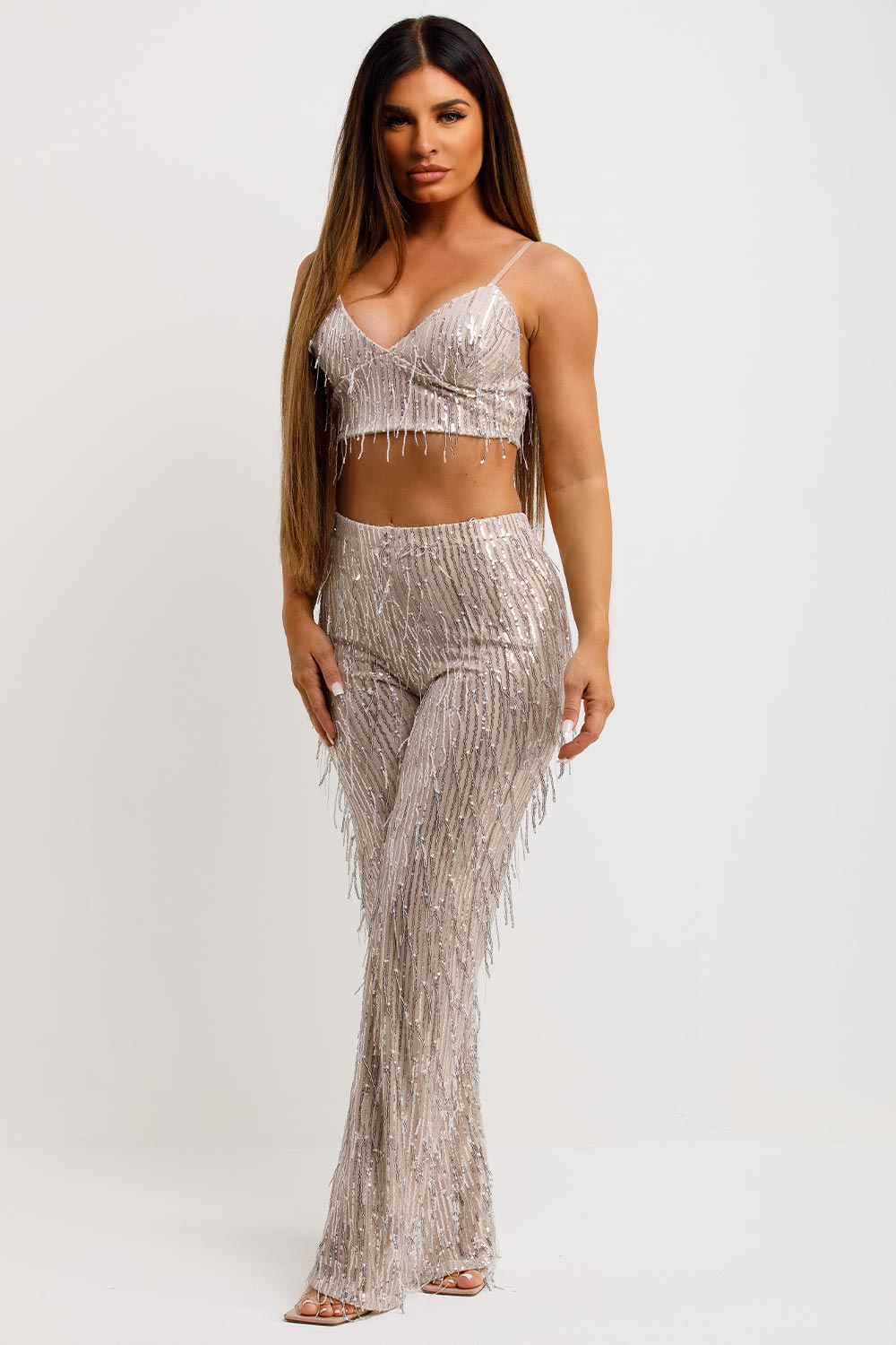 gold sequin trousers and top co ord set