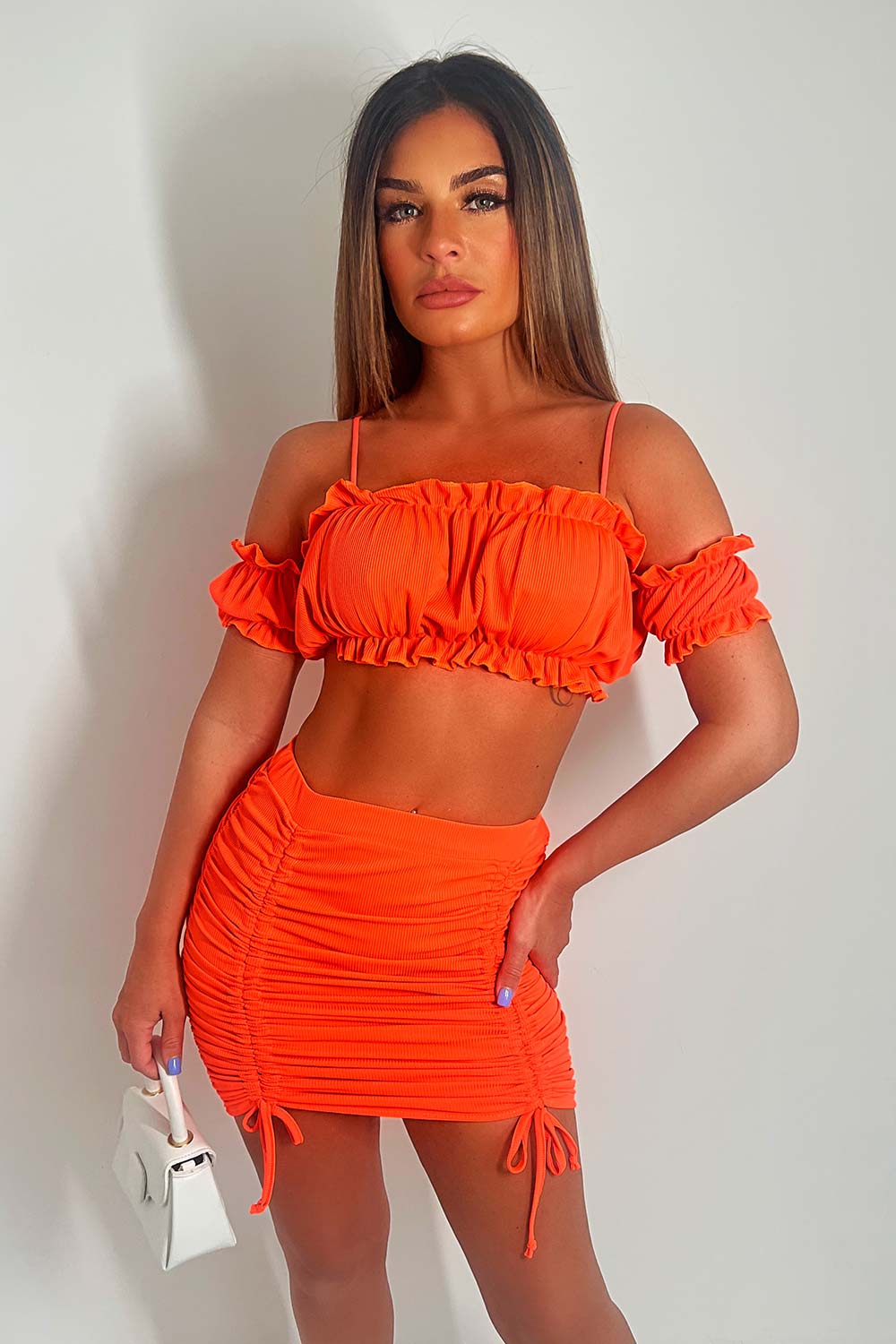 ruched skirt and crop top co ord neon festival outfit