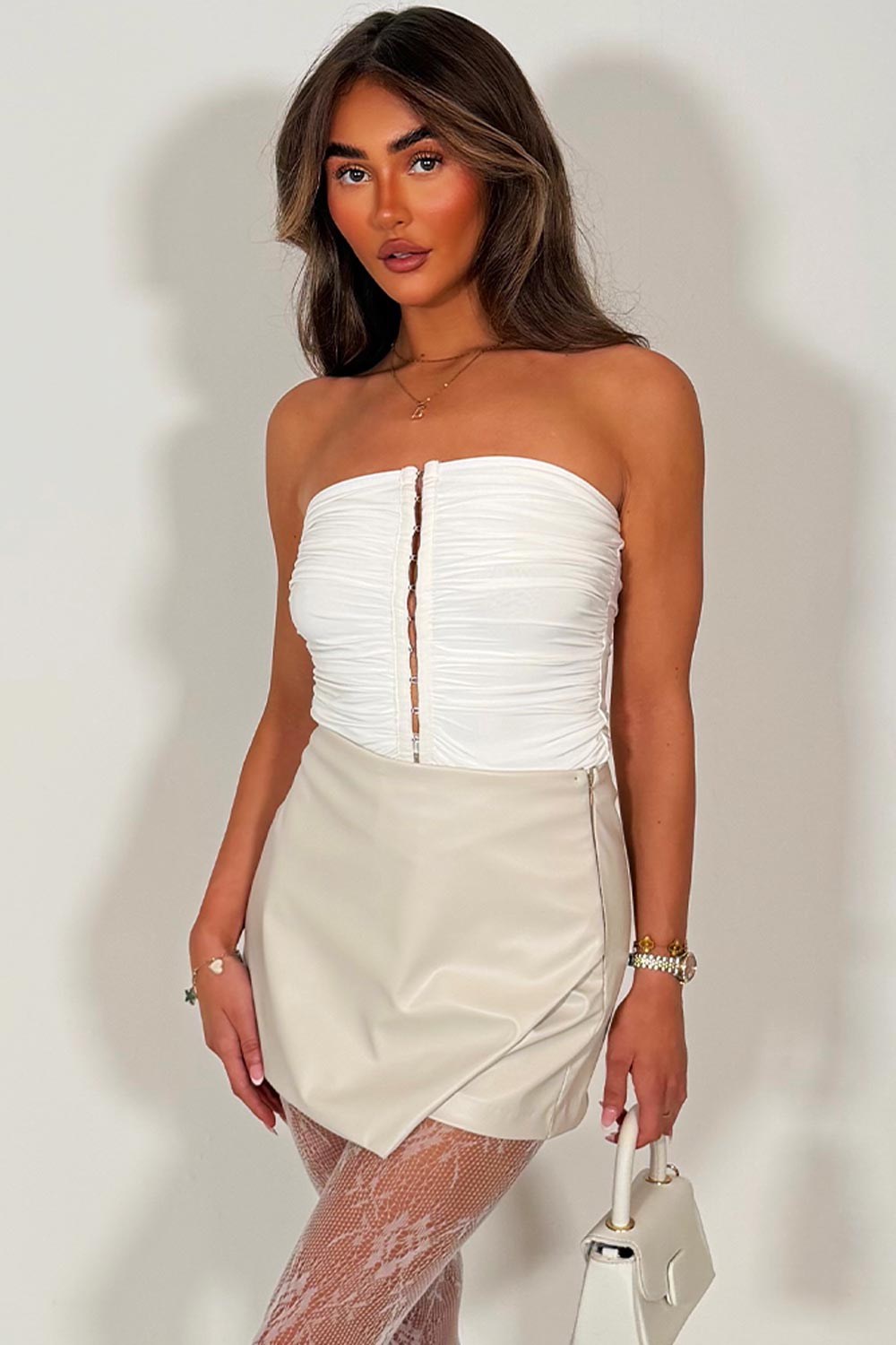beige faux leather mini skirt skort
