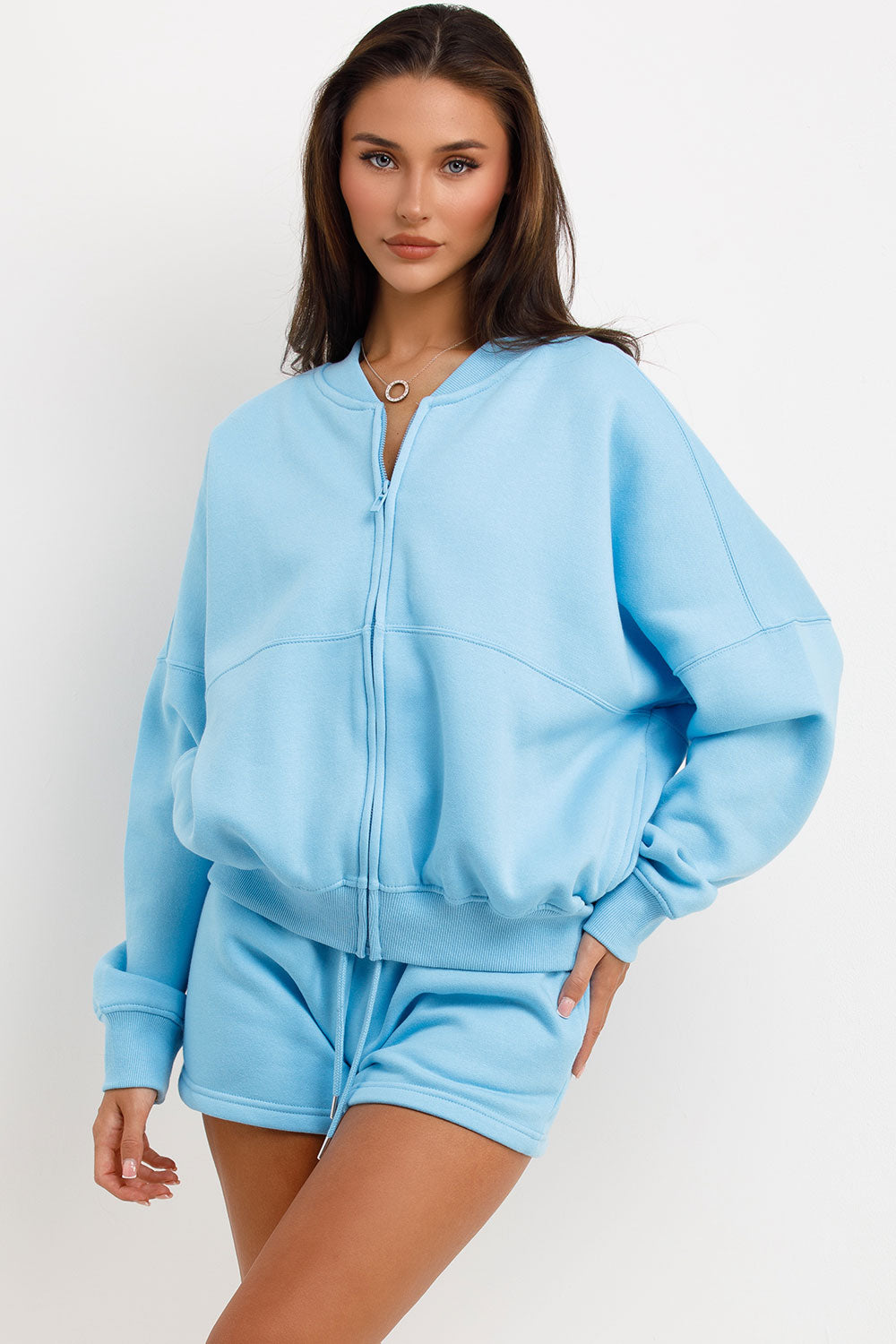 womens short tracksuit bomber jacket and shorts lounge set airport outfit