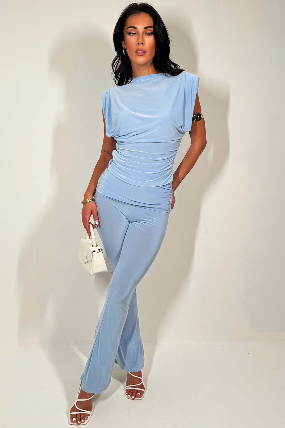 womens fold over skinny flare trousers and top co ord set summer occasion holiday outfit