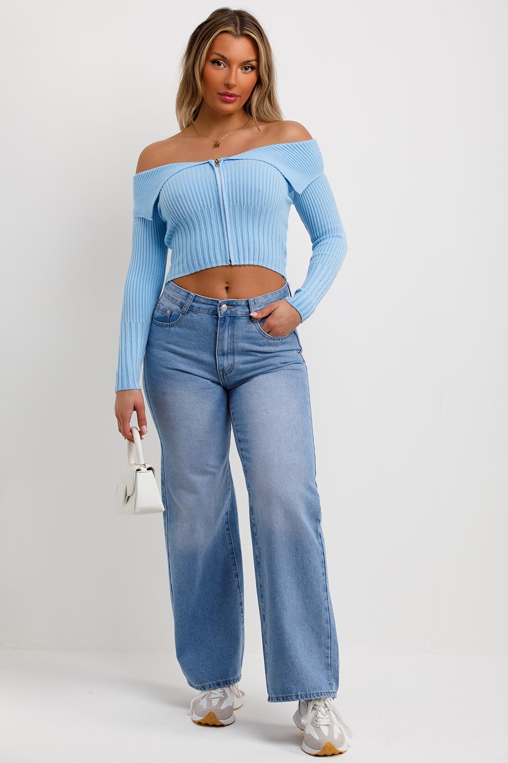 off shoulder jumper with zip front