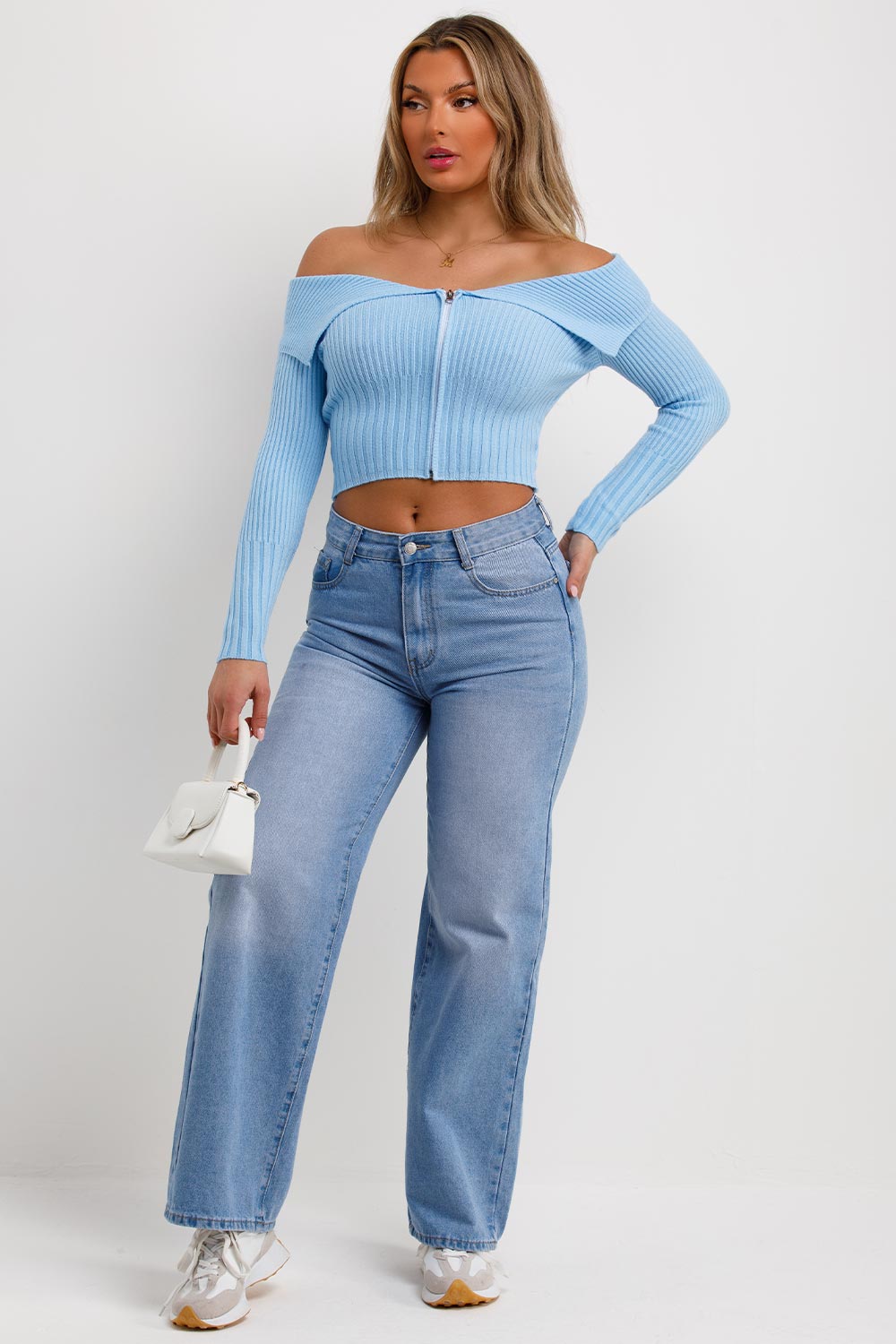 long sleeve off shoulder zip front jumper
