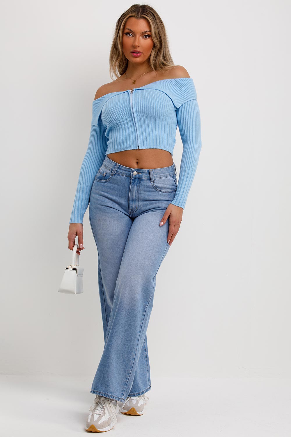 zip front long sleeve off shoulder jumper