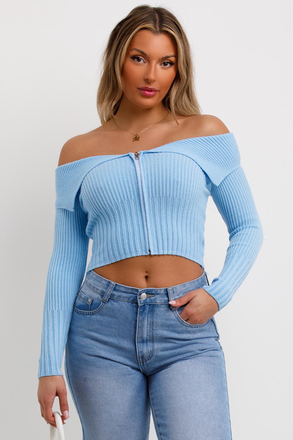 zip front off shoulder jumper long sleeves
