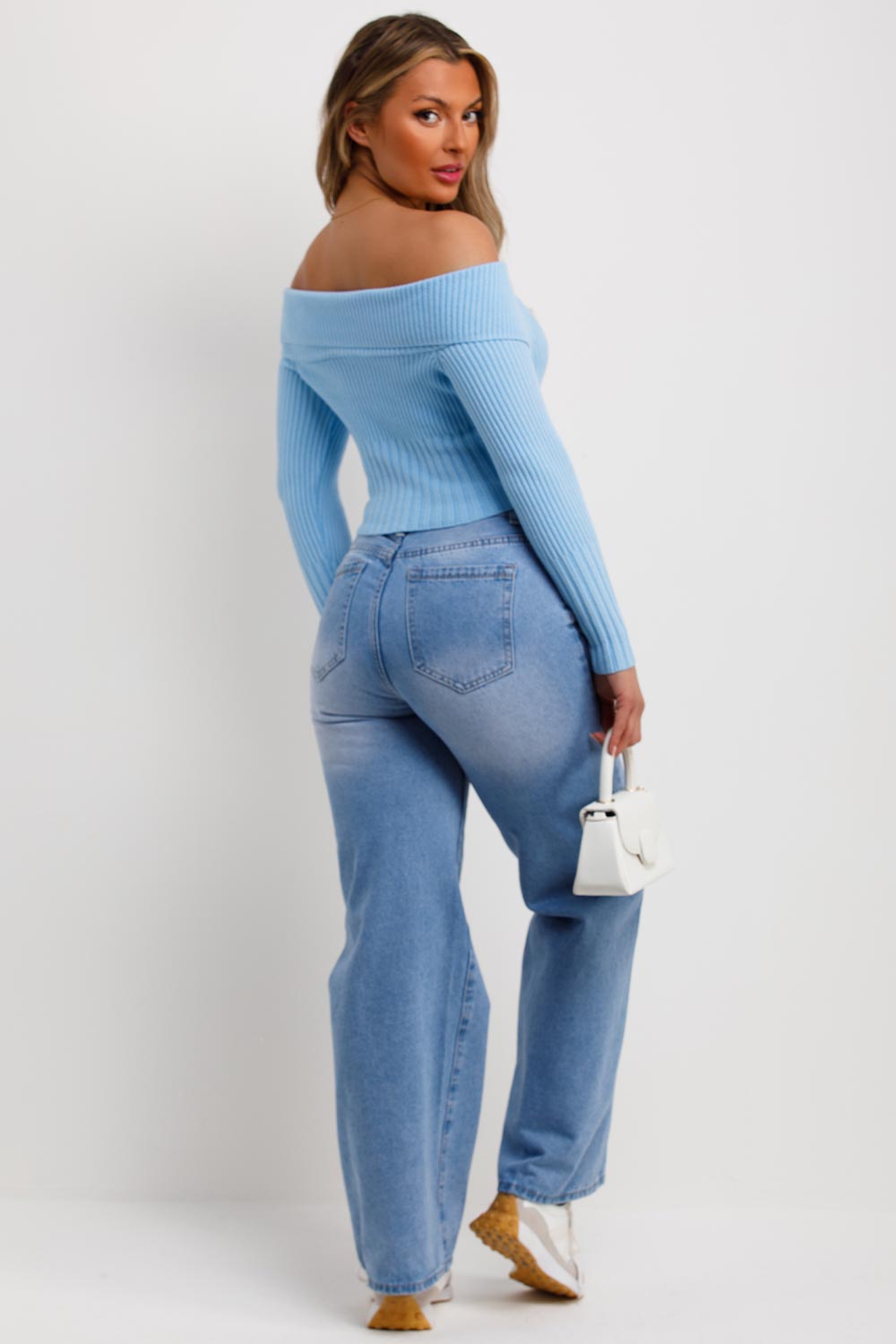 sky blue long sleeve off shoulder zip front jumper