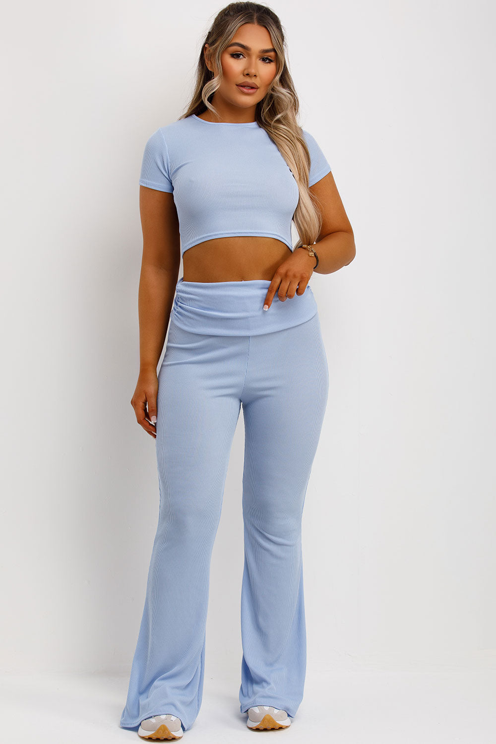 skinny flared trousers with fold over detail and crop top co order set