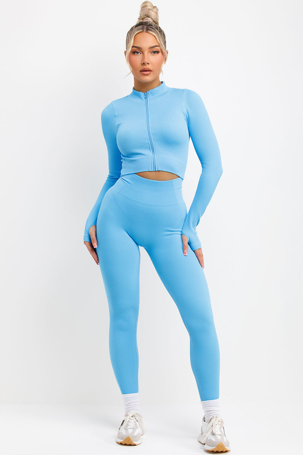 womens high waist ribbed ruched bum leggings and zip up long sleeve activewear jacket two piece set structured body contour