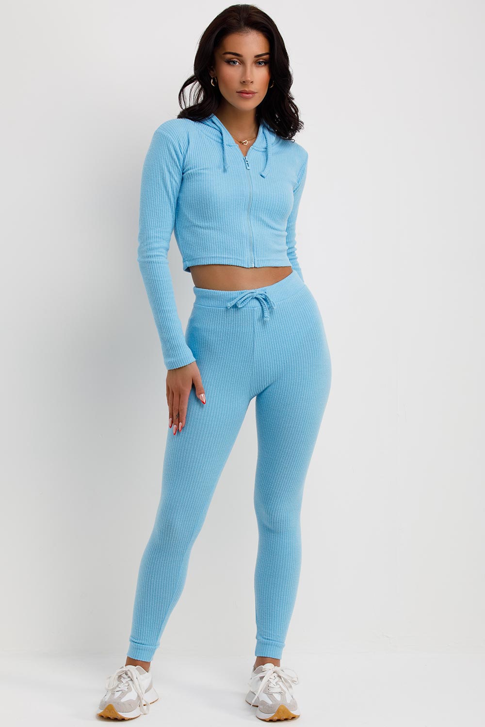 rib crop hoodie and leggings co ord set sky blue