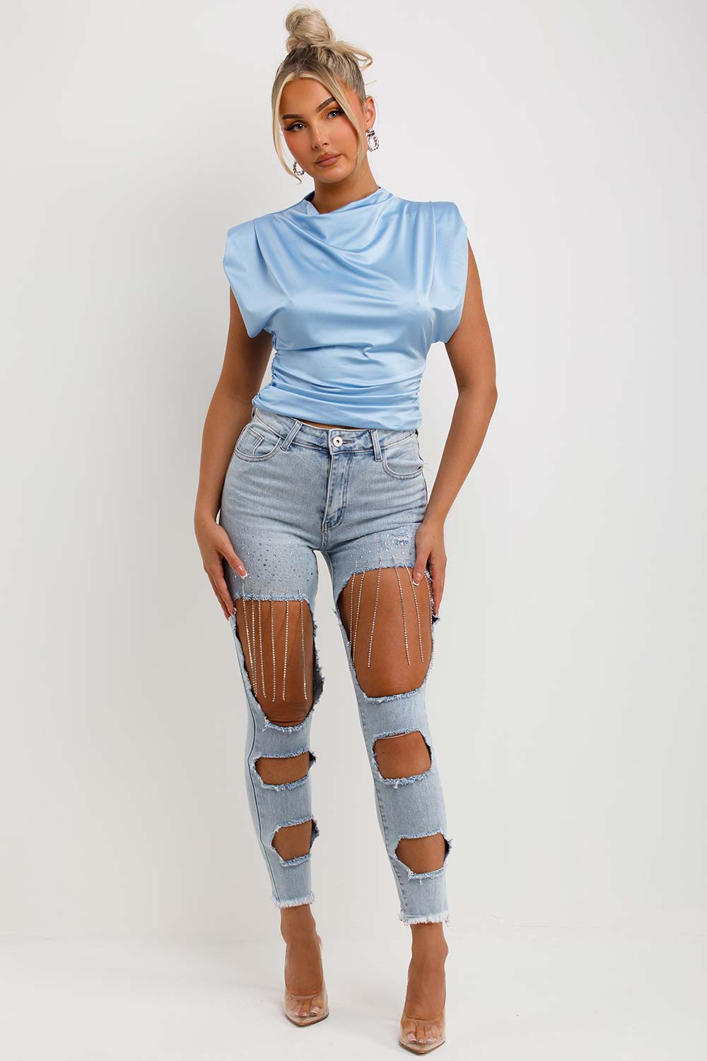 sky blue satin cowl neck padded shoulder summer occasion top