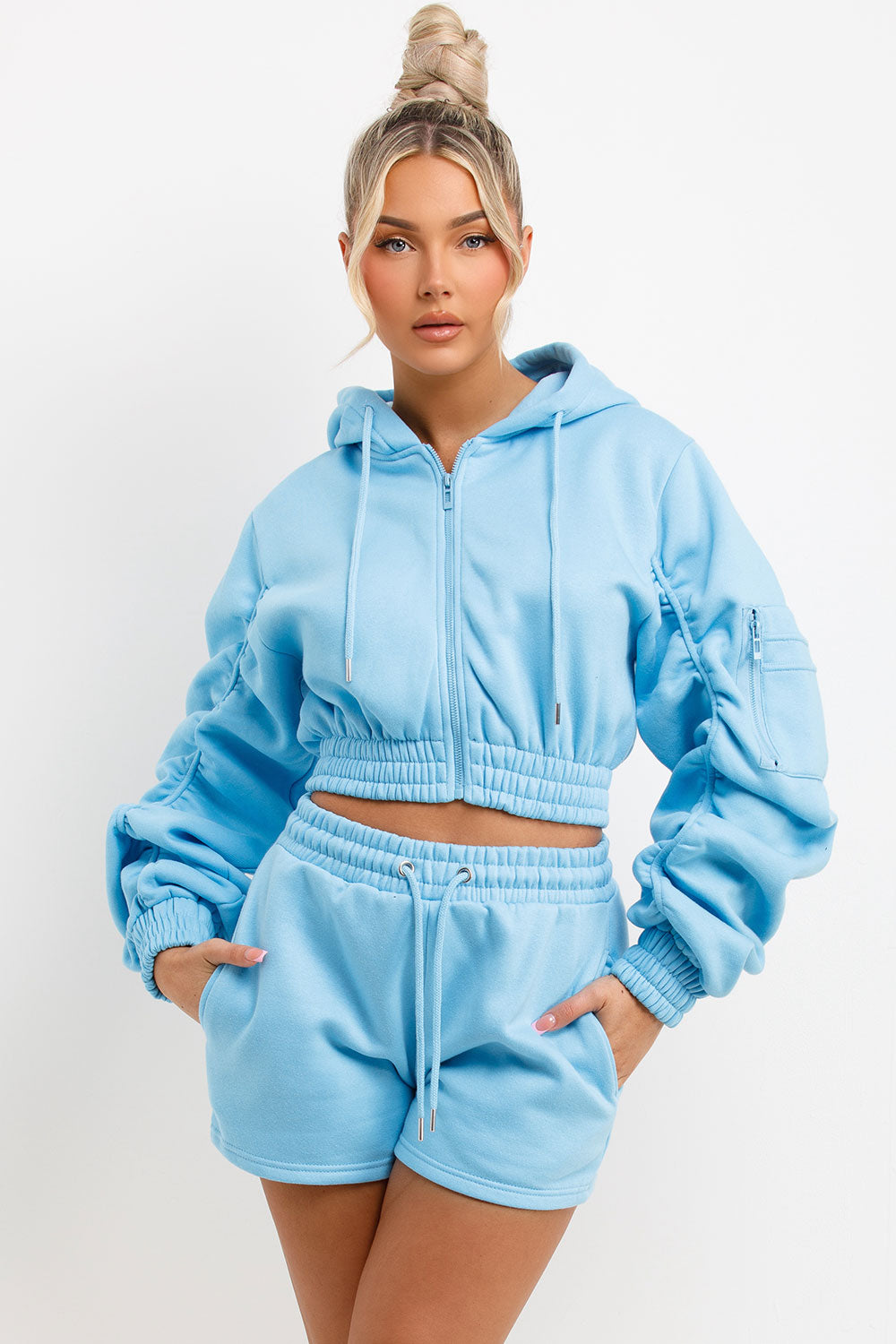 womens short tracksuit with ruched sleeves uk