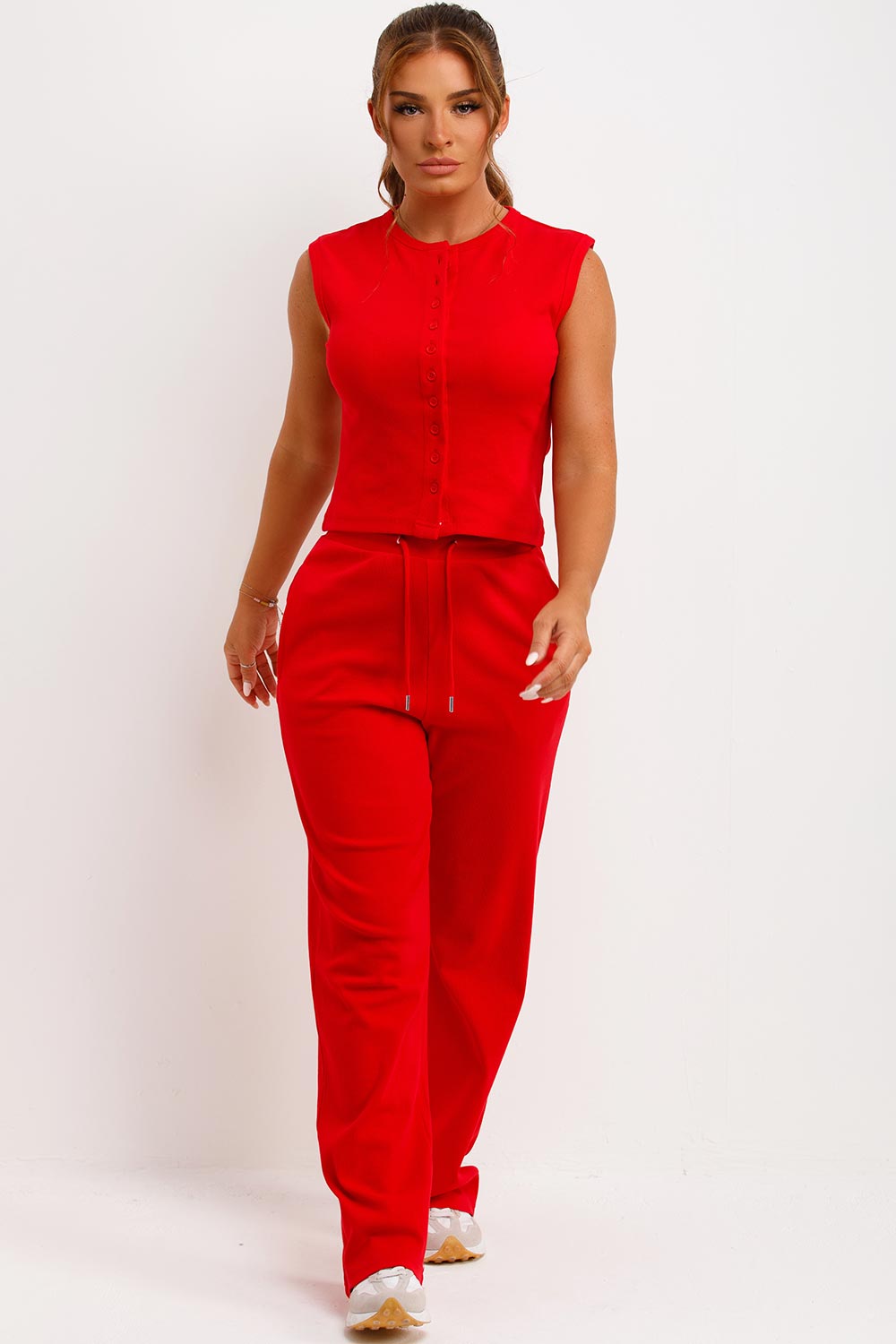 sleeveless button up ribbed top and trousers co ord set womens molly mae set styledup