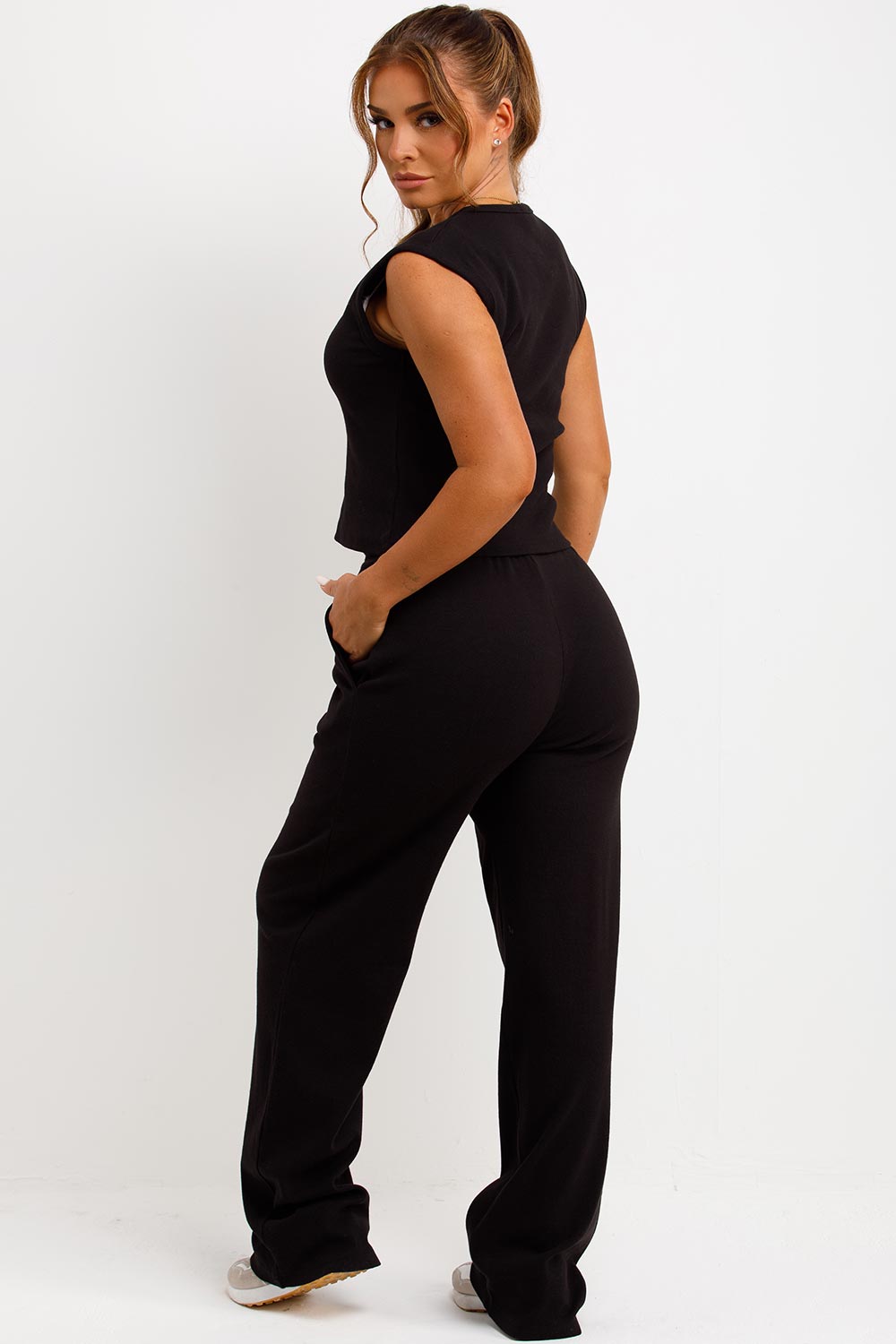 zara womens button up sleeveless top and trousers two piece co ord airport outfit set styledup