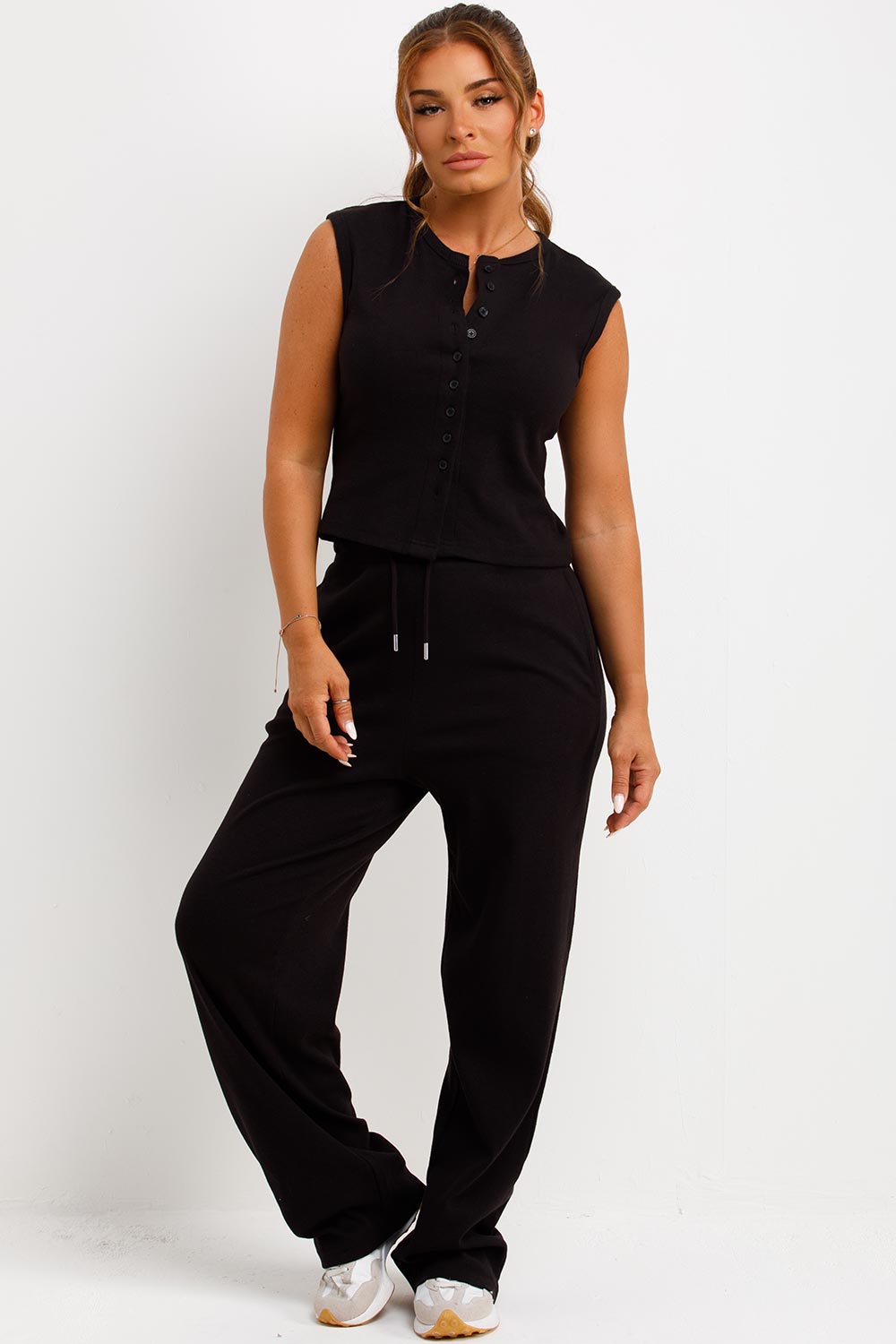 sleeveless button up ribbed top and trousers co ord set womens molly mae set styledup