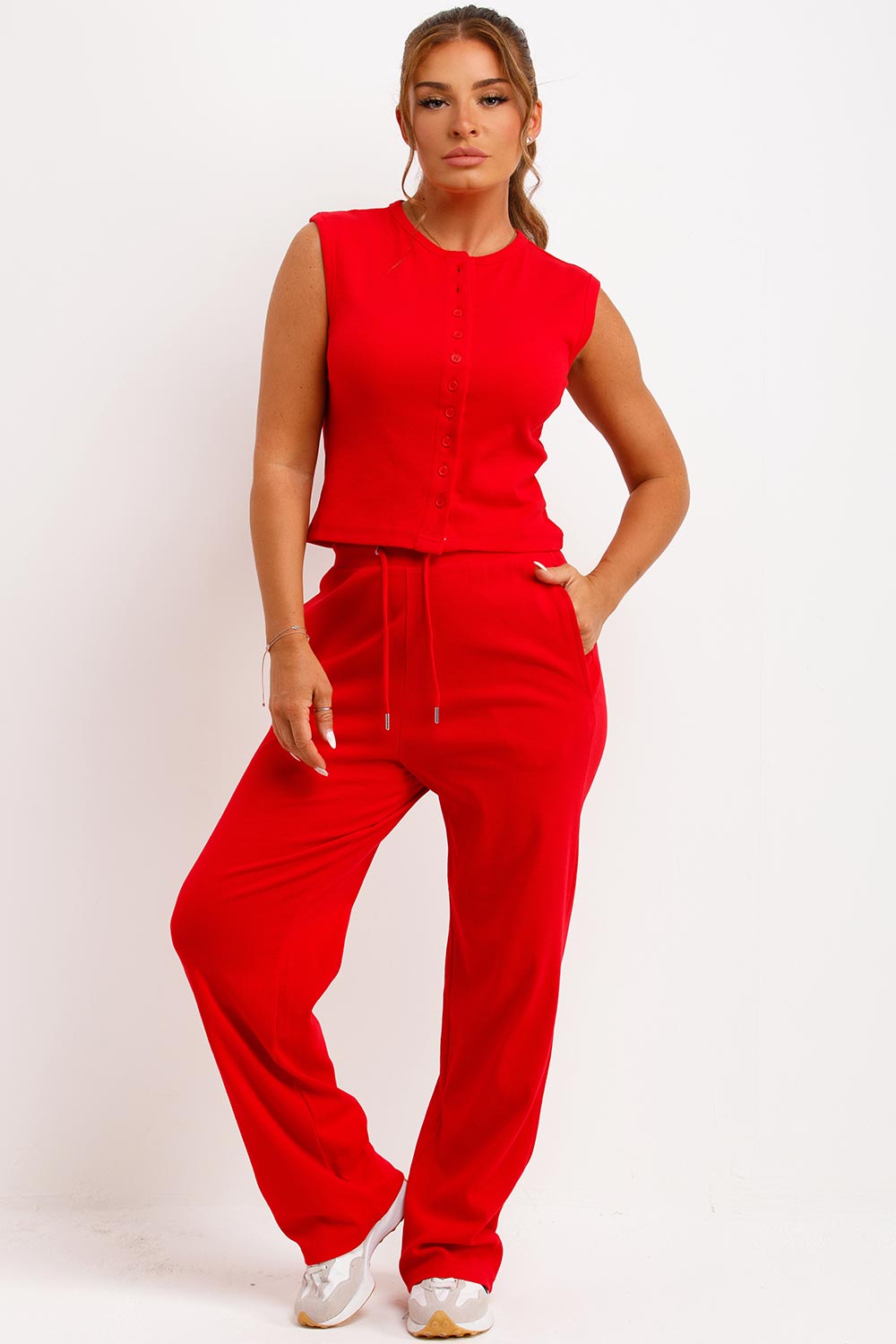button up sleeveless top and trousers two piece co ord set womens uk
