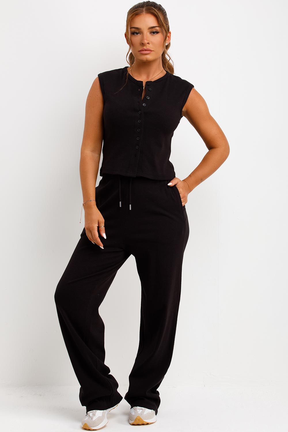 ribbed sleeveless button up top and trousers two piece co ord airport outfit lounge set womens