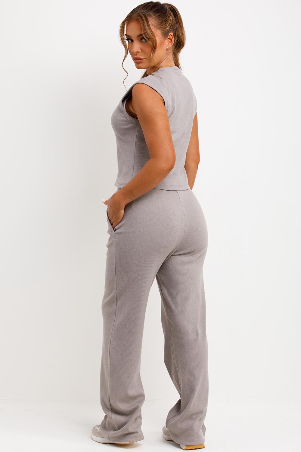 sleeveless button up ribbed top and trousers co ord set womens molly mae set styledup